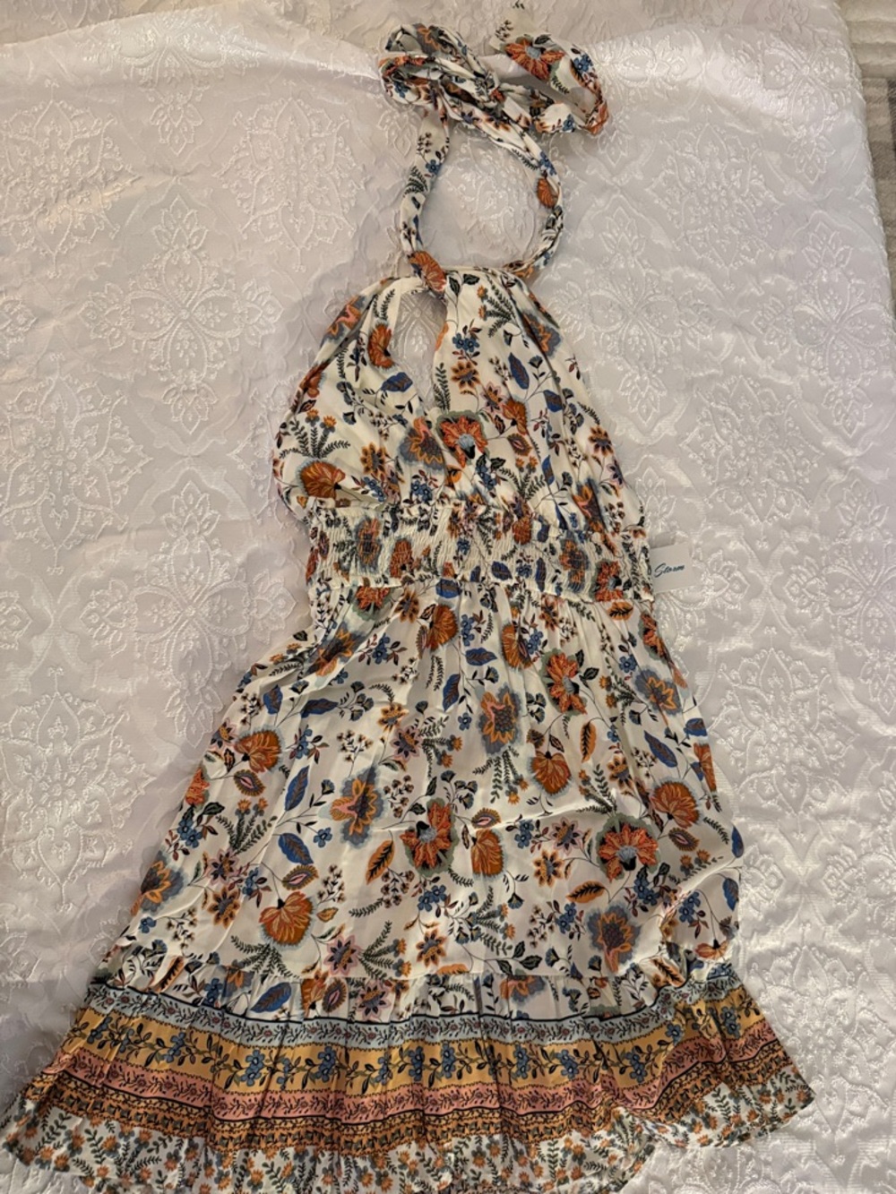 Women’s White Floral Halter Sundress with Smocked Waist